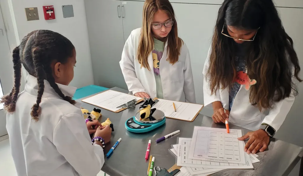 children looking at paperwork in white coats