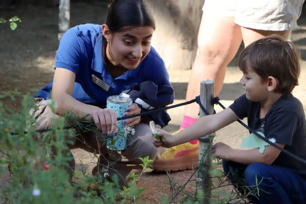 Educator Katrina Guest Kid Pollinator Garden Magnifying Glass Near Flower